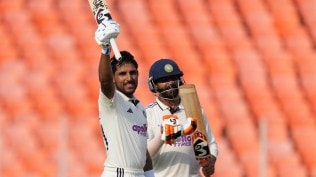 Dhruv Jurel celebrates his maiden Test century on Day 2 of India's first Test against the West Indies (AP Photo)