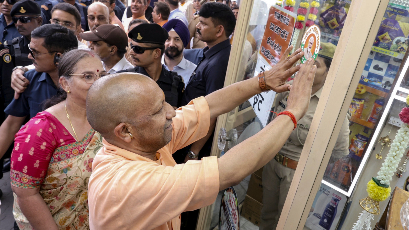 Uttar Pradesh CM Yogi Adityanath during an interaction with businessmen regarding 'GST Bachat Utsav', after the implementation of the next-gen GST reforms, in Lucknow. (PTI)